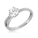 Sterling Silver Rhodium Plated Twisted CZ Shank Round Center Stone Ring