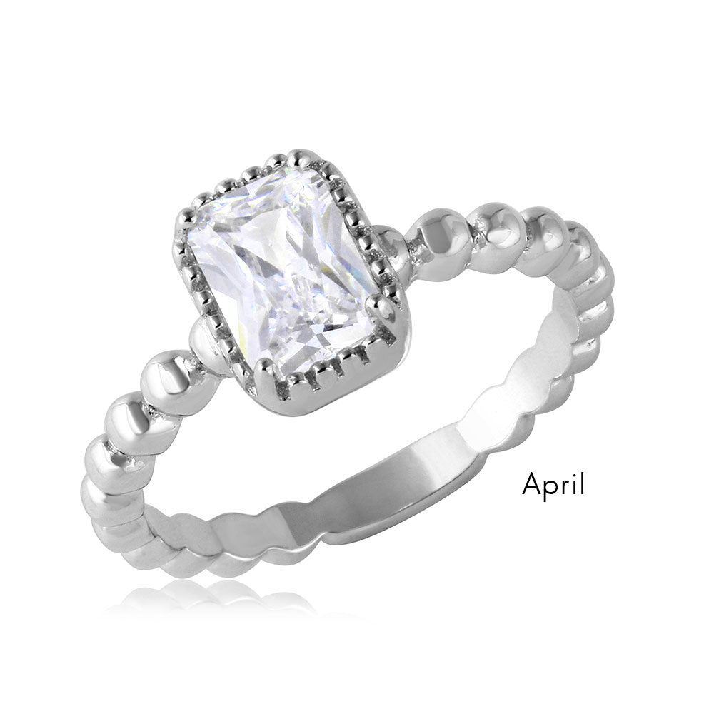 Sterling Silver April Rhodium Plated Beaded Shank Square Center Birthstone Ring