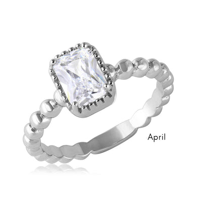 Sterling Silver April Rhodium Plated Beaded Shank Square Center Birthstone Ring