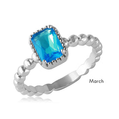 Sterling Silver March Rhodium Plated Beaded Shank Square Center Birthstone Ring