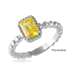 Sterling Silver November Rhodium Plated Beaded Shank Square Center Birthstone Ring