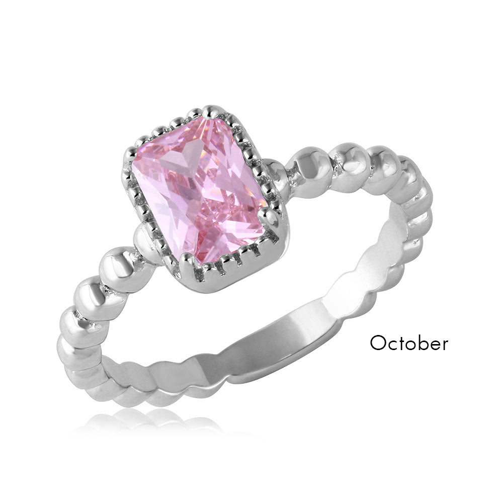 Sterling Silver October Rhodium Plated Beaded Shank Square Center Birthstone Ring