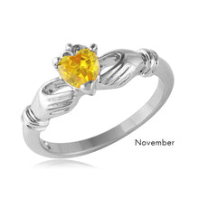 Load image into Gallery viewer, Sterling Silver November Rhodium Plated CZ Center Birthstone Claddagh Ring