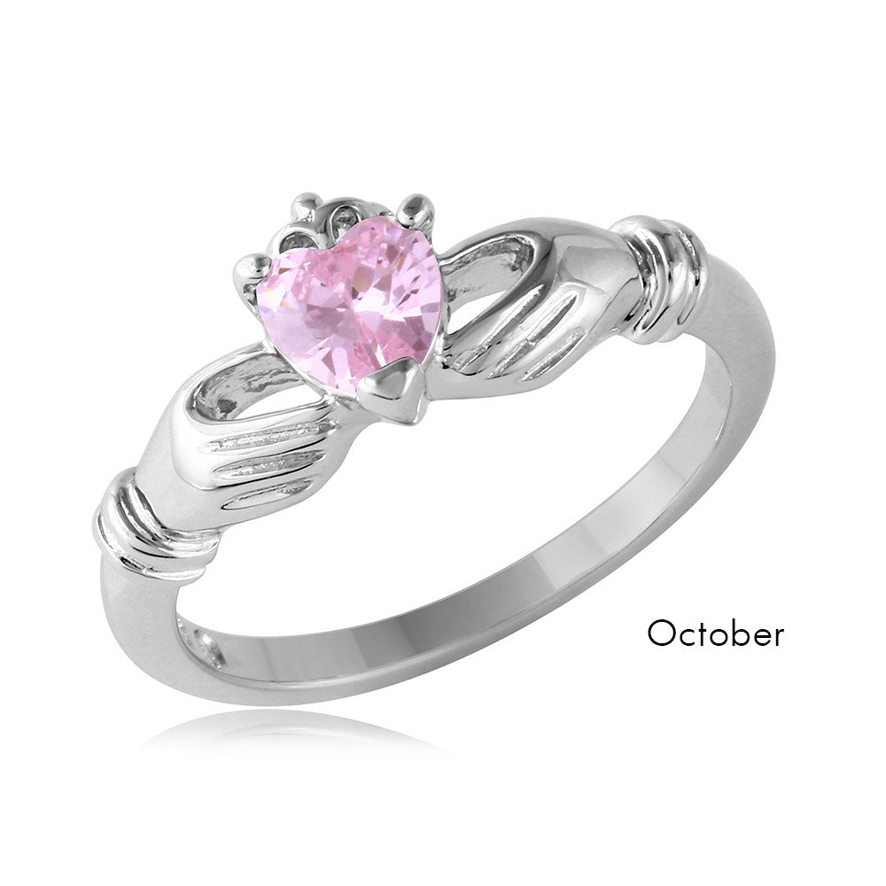 Sterling Silver October Rhodium Plated CZ Center Birthstone Claddagh Ring