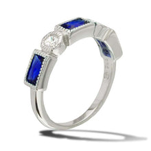 Load image into Gallery viewer, Sterling Silver Rhodium Plated Alternating Blue Rectangle And Clear Round CZ RingAnd Width 3mm