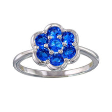 Load image into Gallery viewer, Sterling Silver Rhodium Plated Flower Shaped Ring With Blue CZ