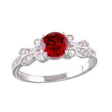 Load image into Gallery viewer, Sterling Silver Rhodium Plated Celtic Oval Shaped Ring with Red and Clear CZ Stones