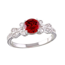 Load image into Gallery viewer, Sterling Silver Rhodium Plated Celtic Oval Shaped Ring with Red and Clear CZ Stones