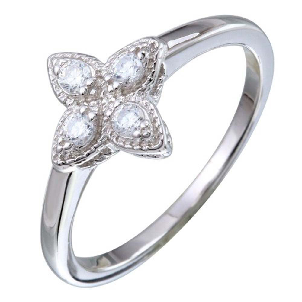 Sterling Silver Rhodium Plated 4 Petal CZ Ring Pendant