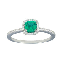 Load image into Gallery viewer, Sterling Silver Rhodium Plated Square Halo Emerald CZ Bridal Ring