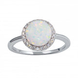 Sterling Silver Rhodium Plated Round With CZ White Opal Stone Ring