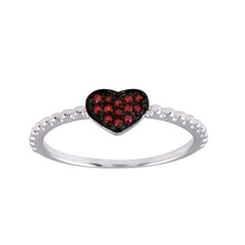 Load image into Gallery viewer, Sterling Silver Rhodium Plated Beaded Heart Red CZ Ring