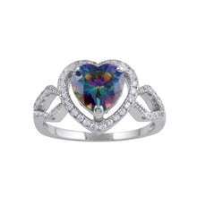 Load image into Gallery viewer, Sterling Silver Rhodium Plated Halo Heart Synthetic Mystic Topaz CZ Ring