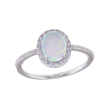 Load image into Gallery viewer, Sterling Silver Rhodium Plated Oval Solitaire Synthetic Opal CZ Ring