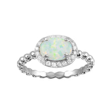 Load image into Gallery viewer, Sterling Silver Rhodium Plated Oval Halo Opal CZ Beaded Design Band Ring