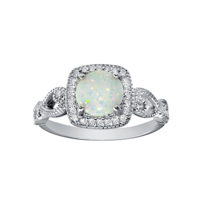Sterling Silver Rhodium Plated Infinite Shank Square Opal Stone Ring