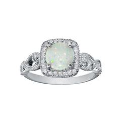 Sterling Silver Rhodium Plated Infinite Shank Square Opal Stone Ring