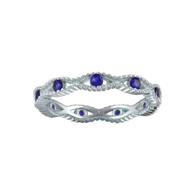 Sterling Silver Rhodium Plated Intersecting Waves Blue CZ Ring - silverdepot
