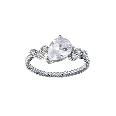 Sterling Silver Rhodium Plated Angled Teardrop CZ Shank Ring