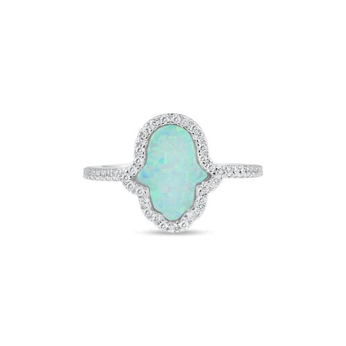 Sterling Silver Rhodium Plated Hamsa Opal CZ Ring