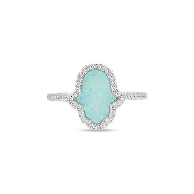 Sterling Silver Rhodium Plated Hamsa Opal CZ Ring