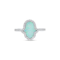 Sterling Silver Rhodium Plated Hamsa Opal CZ Ring