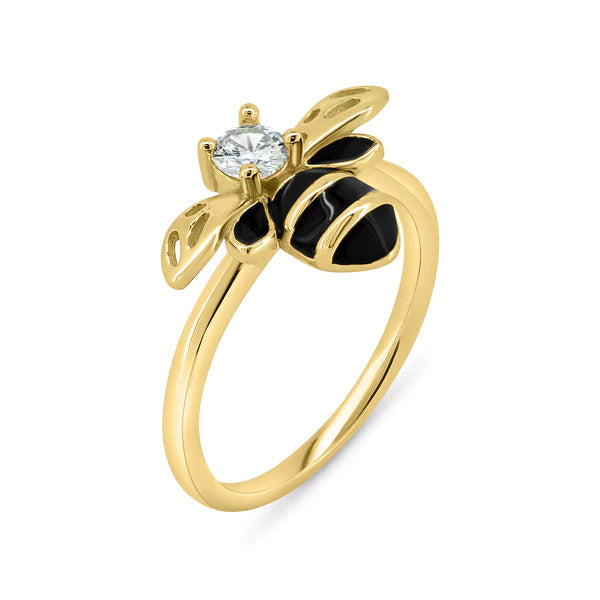 Sterling Silver Gold Plated Bee Clear CZ Ring