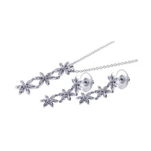 Load image into Gallery viewer, Sterling Silver Rhodium Plated Clear Flower CZ Dangling Stud Earring and Dangling Necklace Set