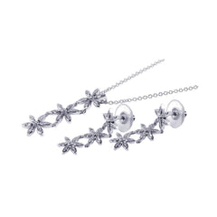 Sterling Silver Rhodium Plated Clear Flower CZ Dangling Stud Earring and Dangling Necklace Set