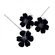 Load image into Gallery viewer, Sterling Silver Rhodium Plated Black Onyx Flower Clear CZ Stud Earring and Necklace Set