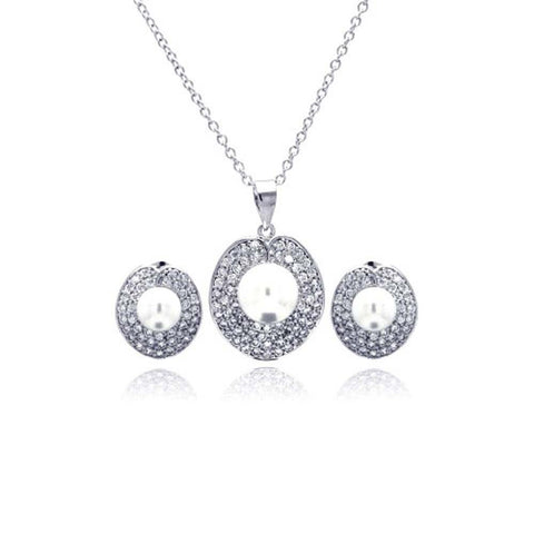 Sterling Silver Rhodium Plated Pearl Round Disc Clear Pave Set CZ Stud Earring and Necklace Set With CZ  Stones