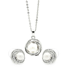 Load image into Gallery viewer, Sterling Silver Rhodium Plated Clear Baguette CZ Pearl Center Stud Earring and Necklace Set With CZ  Stones