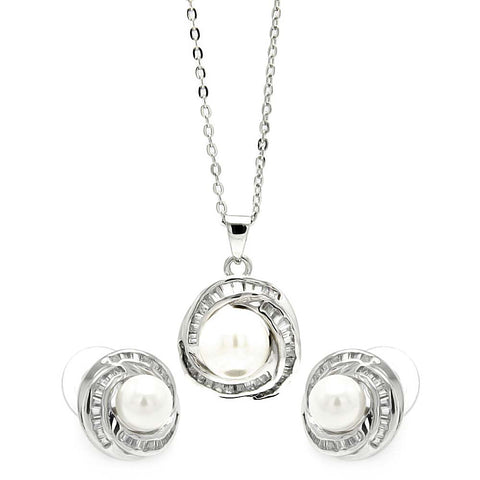 Sterling Silver Rhodium Plated Clear Baguette CZ Pearl Center Stud Earring and Necklace Set With CZ  Stones