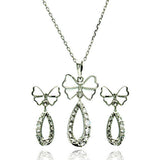 Sterling Silver Rhodium Plated Open Butterfly Teardrop Clear CZ Hanging Stud Earring and Hanging Necklace Set