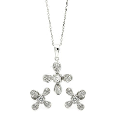 Sterling Silver Rhodium Plated Clear Flower CZ Stud Earring and Necklace Set