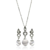 Sterling Silver Rhodium Plated Pearl Clear CZ Hanging Stud Earring and Necklace Set With CZ  Stones