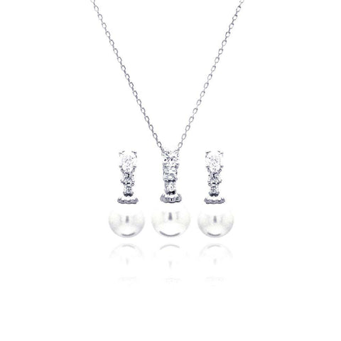 Sterling Silver Rhodium Plated Pearl Clear CZ Hanging Stud Earring and Necklace Set With CZ  Stones