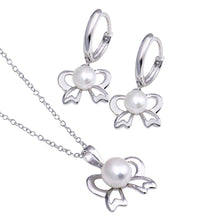 Load image into Gallery viewer, Sterling Silver Rhodium Plated Pearl Ribbon Leverback Earring and Necklace Set With CZ  Stones