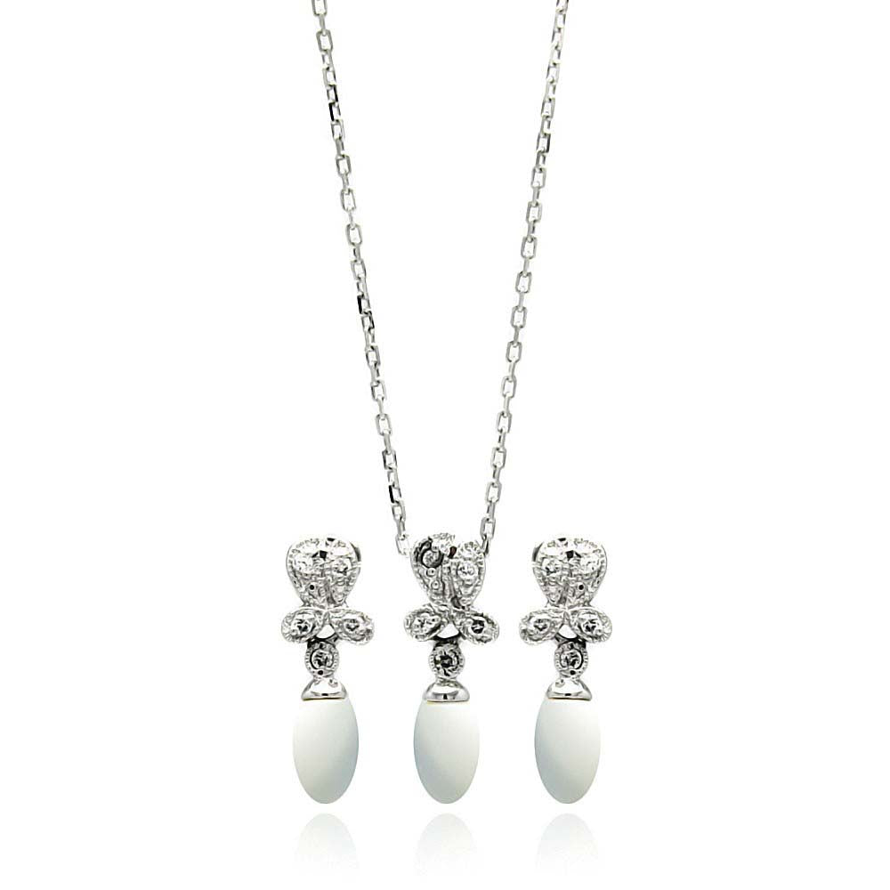Sterling Silver Rhodium Plated Fresh Water Pearl Flower Clear CZ Hanging Set With CZ  Stones