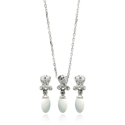Sterling Silver Rhodium Plated Fresh Water Pearl Flower Clear CZ Hanging Set With CZ  Stones
