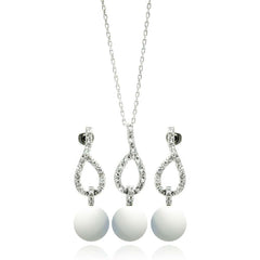 Sterling Silver Rhodium Plated Pearl Clear Open Teardrop CZ Dangling Stud Earring and Dangling Necklace Set With CZ  Stones
