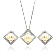 Load image into Gallery viewer, Sterling Silver Rhodium Plated Fresh Water Pearl Square Diamond Shaped Clear CZ Set With CZ  Stones