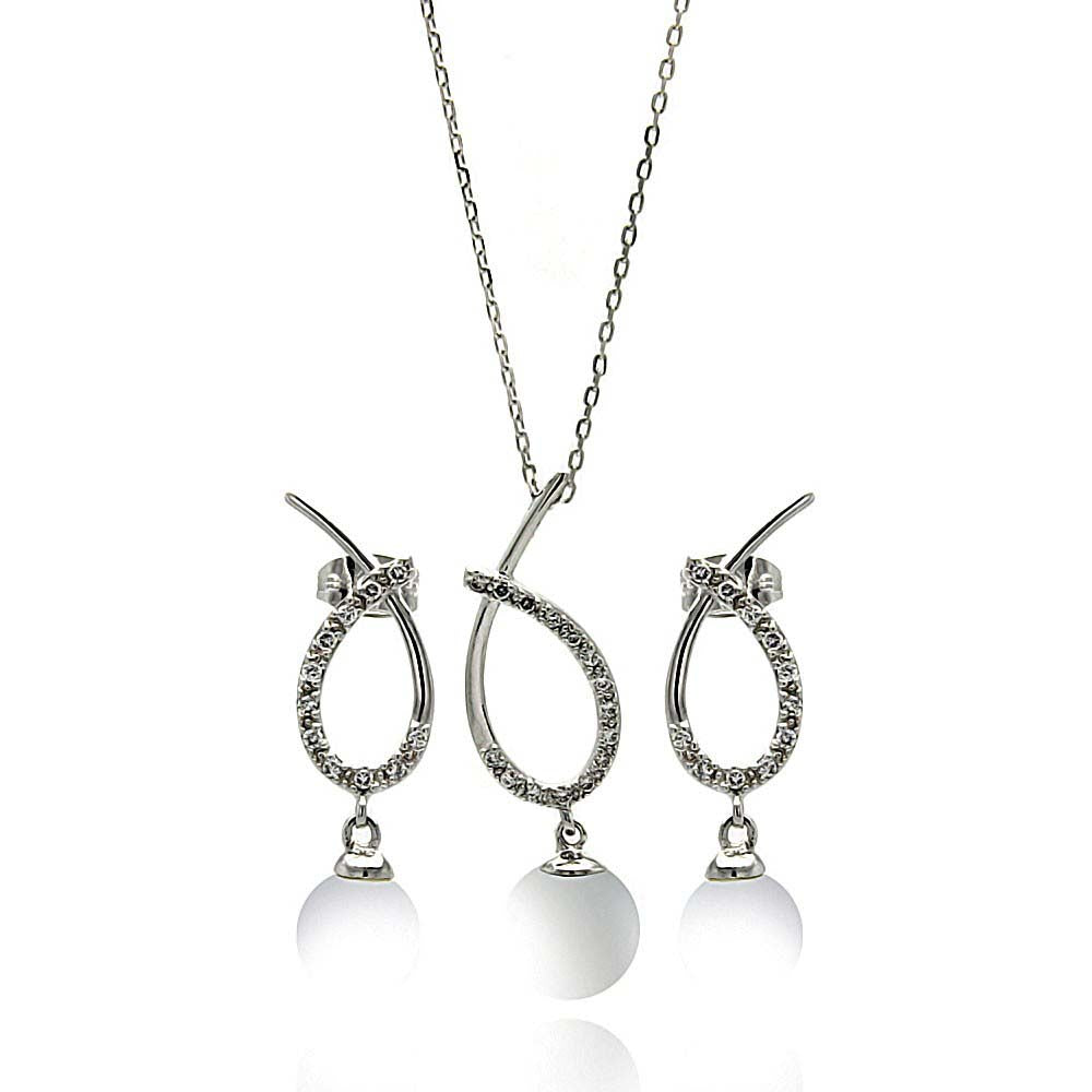 Sterling Silver Rhodium Plated Clear Open Overlap Oval Teardrop Pearl CZ Hanging Set With CZ  Stones