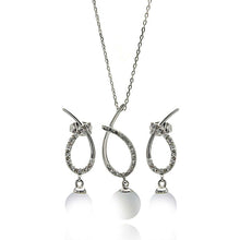 Load image into Gallery viewer, Sterling Silver Rhodium Plated Clear Open Overlap Oval Teardrop Pearl CZ Hanging Set With CZ  Stones
