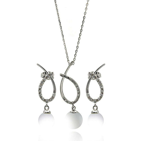 Sterling Silver Rhodium Plated Clear Open Overlap Oval Teardrop Pearl CZ Hanging Set With CZ  Stones