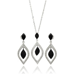 Sterling Silver Rhodium Plated Black And Clear Open Marquise Teardrop CZ Set