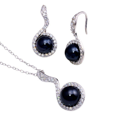 Sterling Silver Rhodium Plated Black Pearl Clear CZ Hanging Stud Earring and Necklace Set With CZ  Stones