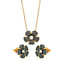 Load image into Gallery viewer, Sterling Silver Black Rhodium and Gold Plated Clear Flower CZ Stud Earring and Necklace Set