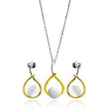 Load image into Gallery viewer, Sterling Silver Rhodium and Gold Plated Overlap Open Teardrop Pearl Clear CZ Hanging Stud Earring and Necklace Set With CZ  Stones