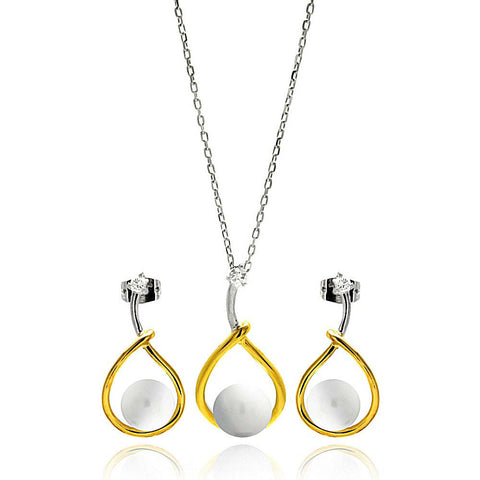 Sterling Silver Rhodium and Gold Plated Overlap Open Teardrop Pearl Clear CZ Hanging Stud Earring and Necklace Set With CZ  Stones